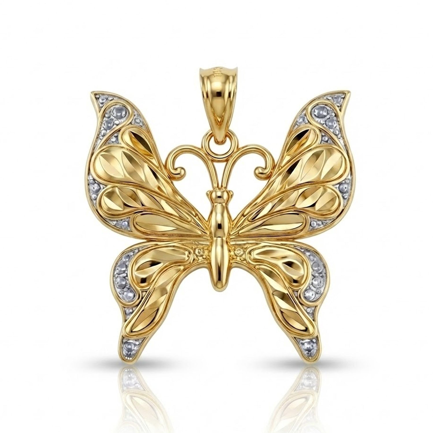 Gold butterfly pendant with diamond-cut accents on a white background