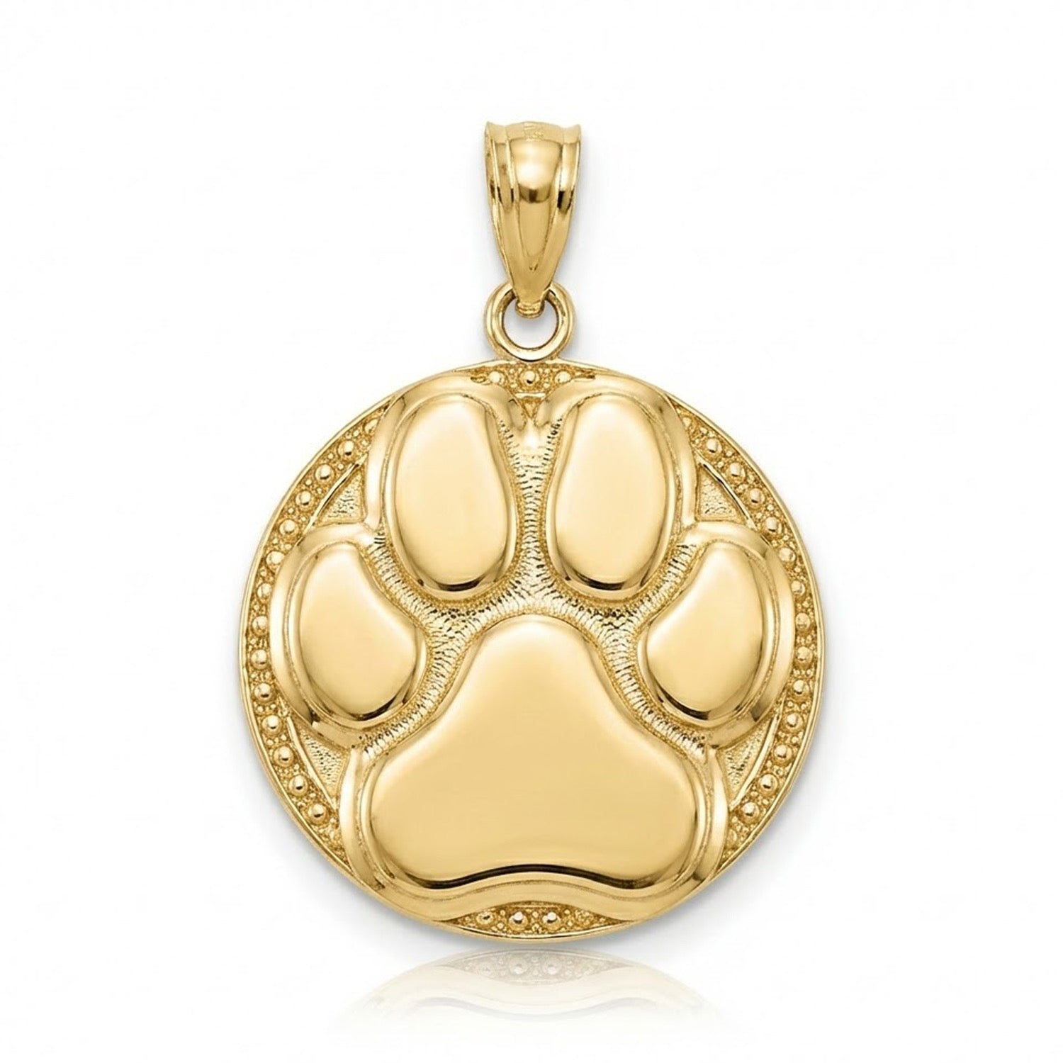 Gold paw print pendant on a white background