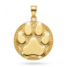 Gold paw print pendant on a white background
