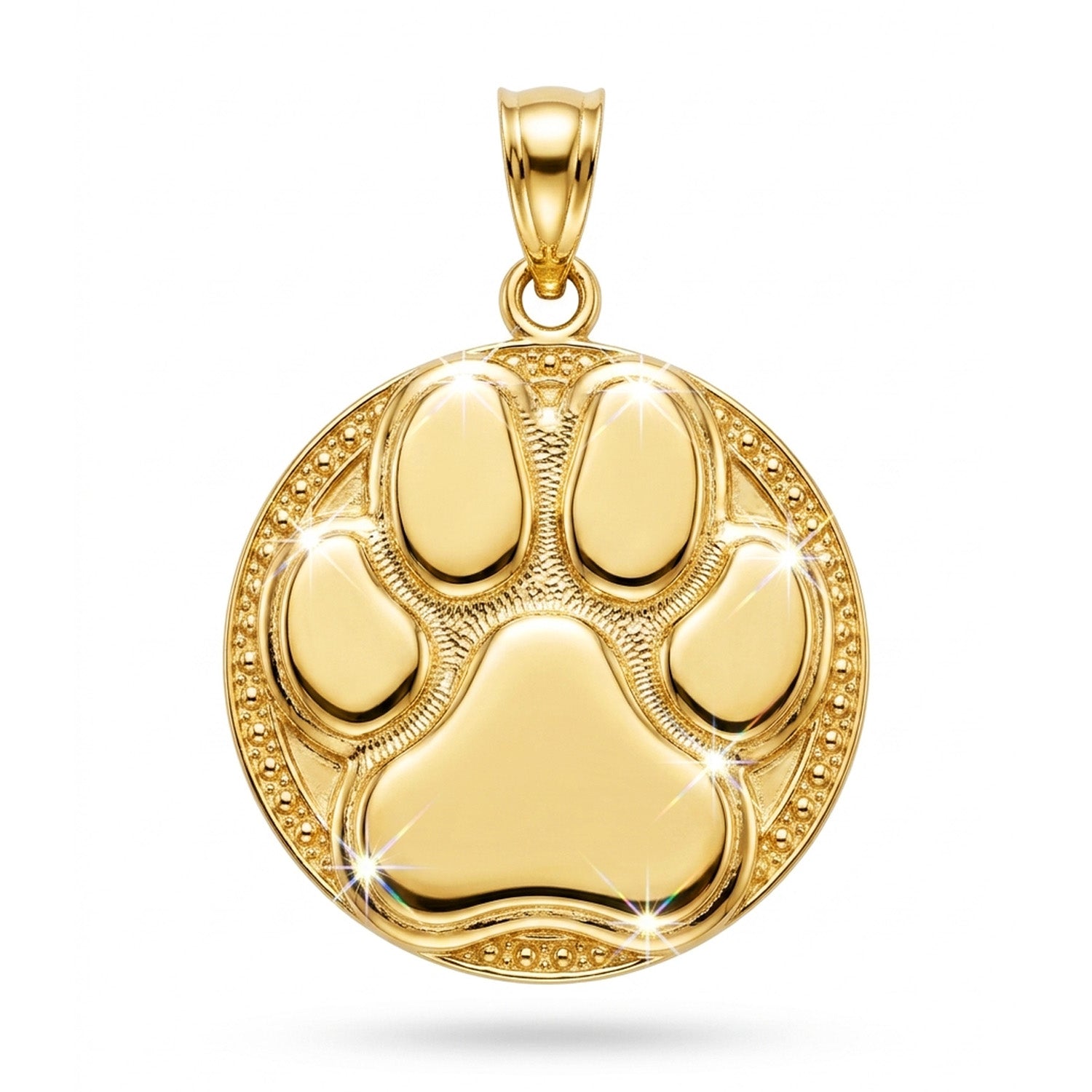 Gold paw print pendant on a white background