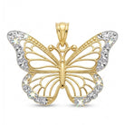 Gold butterfly pendant with crystal accents on a white background