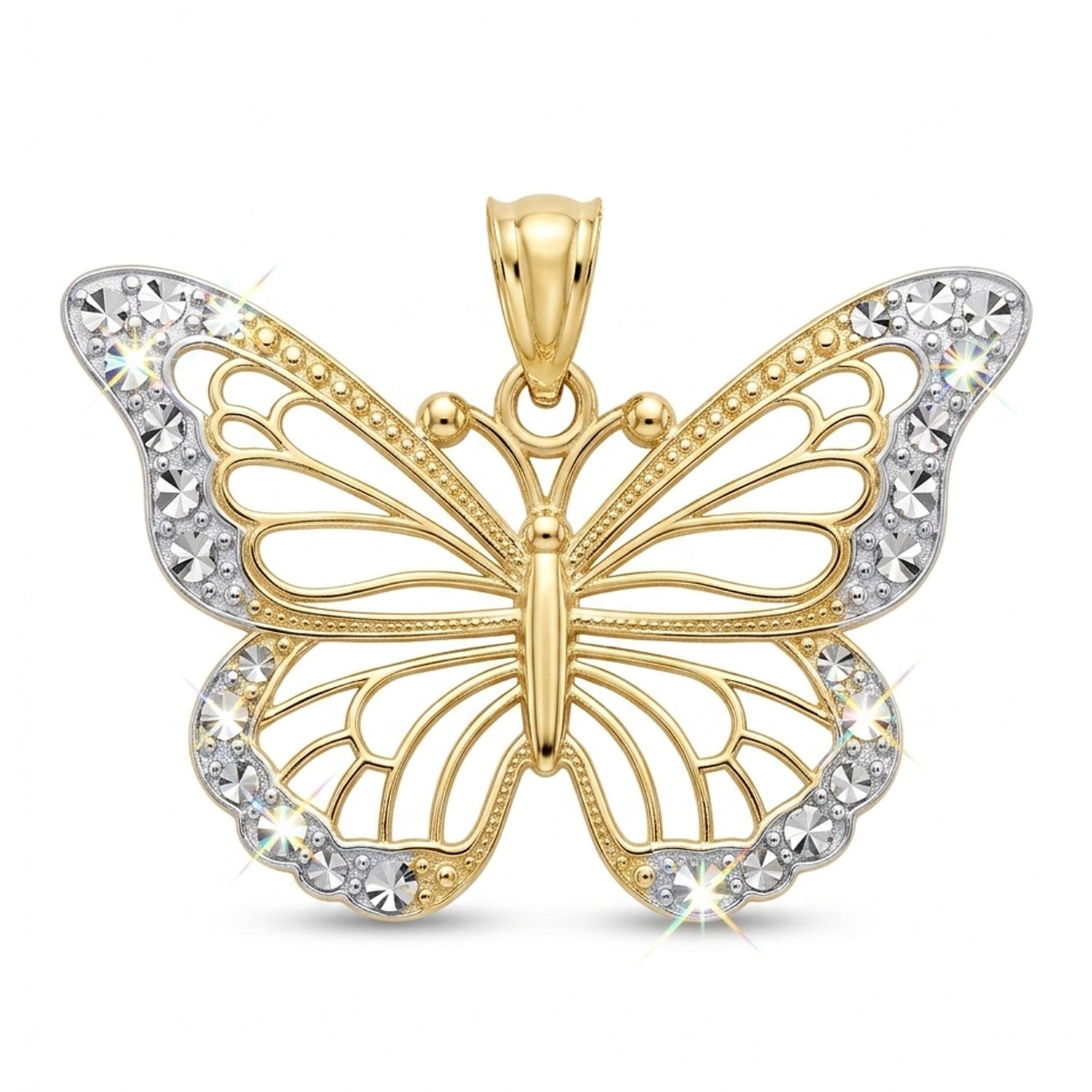 Gold butterfly pendant with crystal accents on a white background