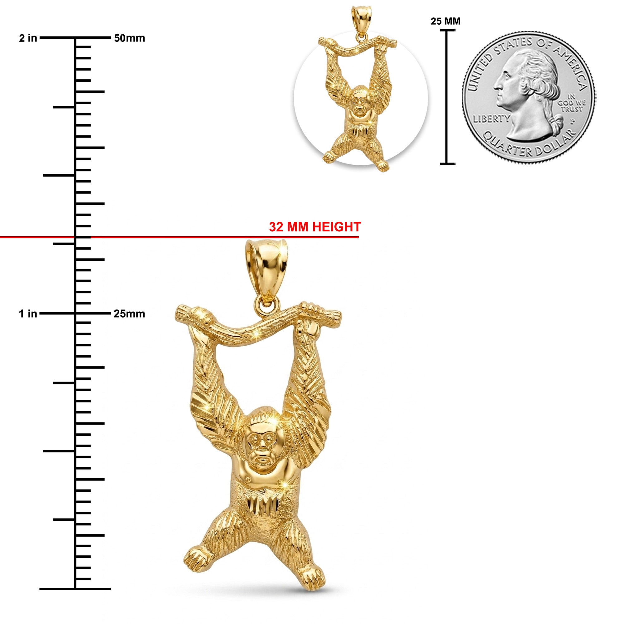 Gold gorilla pendant with measurements against a white background