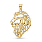 A yellow gold lion head pendant with an intricate openwork design and a polished bail at the top, shown on a clean white background.