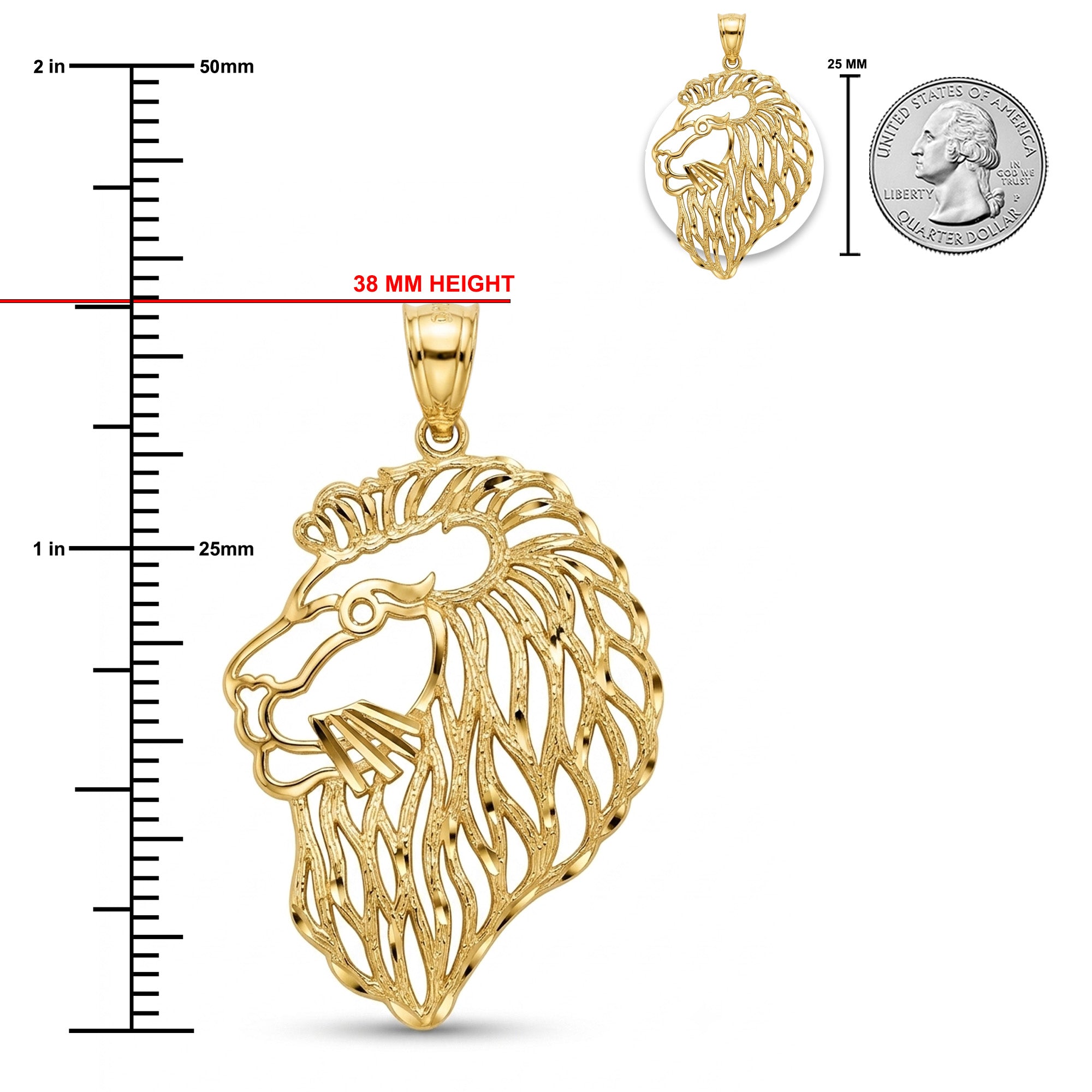 Gold lion head pendant with a bail, shown on a white background with a height ruler marked 38 mm, a smaller inset of the pendant in a circle, and a quarter for scale.