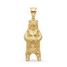A polished yellow gold bear pendant standing upright, featuring a highly textured fur pattern and a smooth bail at the top, shown against a plain white background.