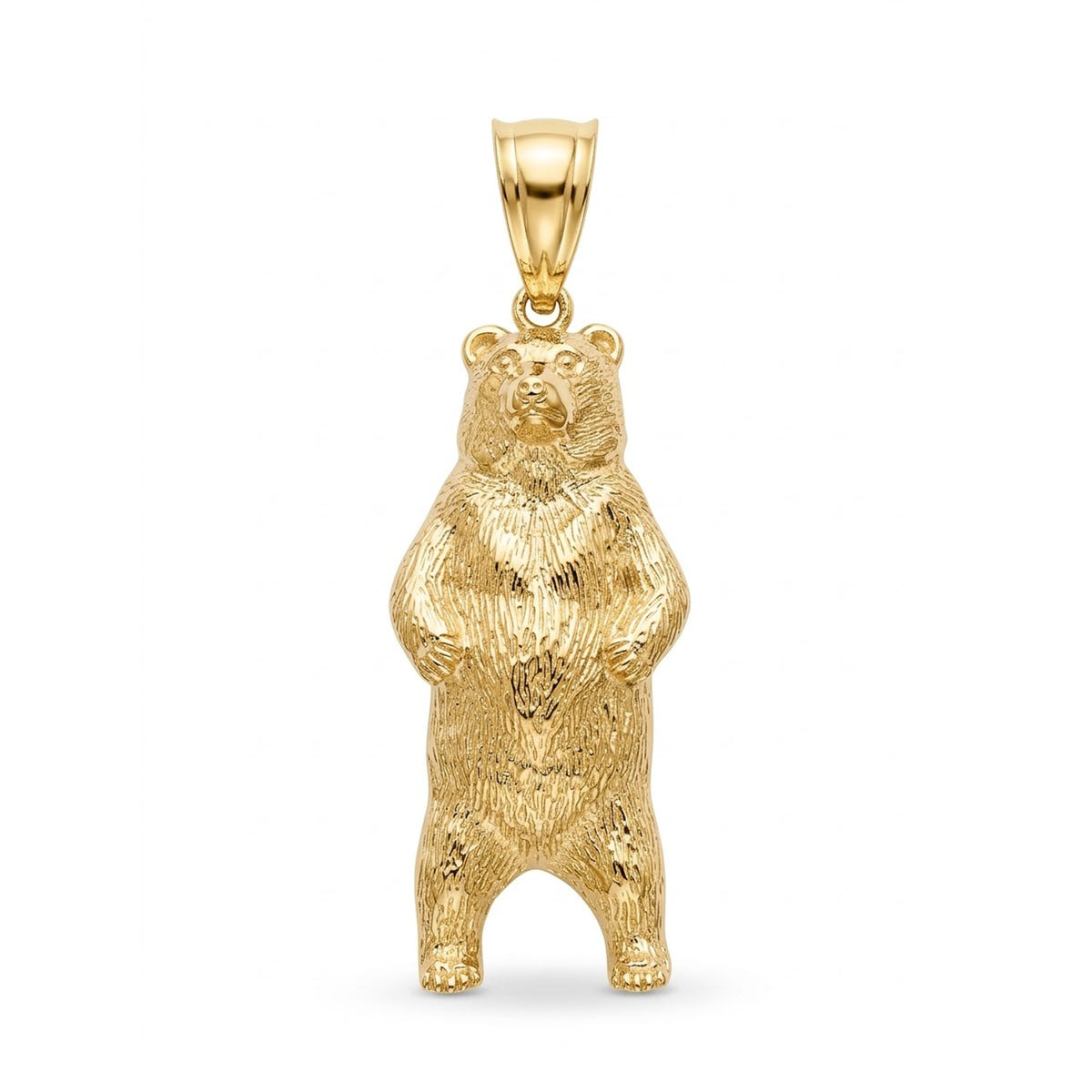 A polished yellow gold bear pendant standing upright, featuring a highly textured fur pattern and a smooth bail at the top, shown against a plain white background.