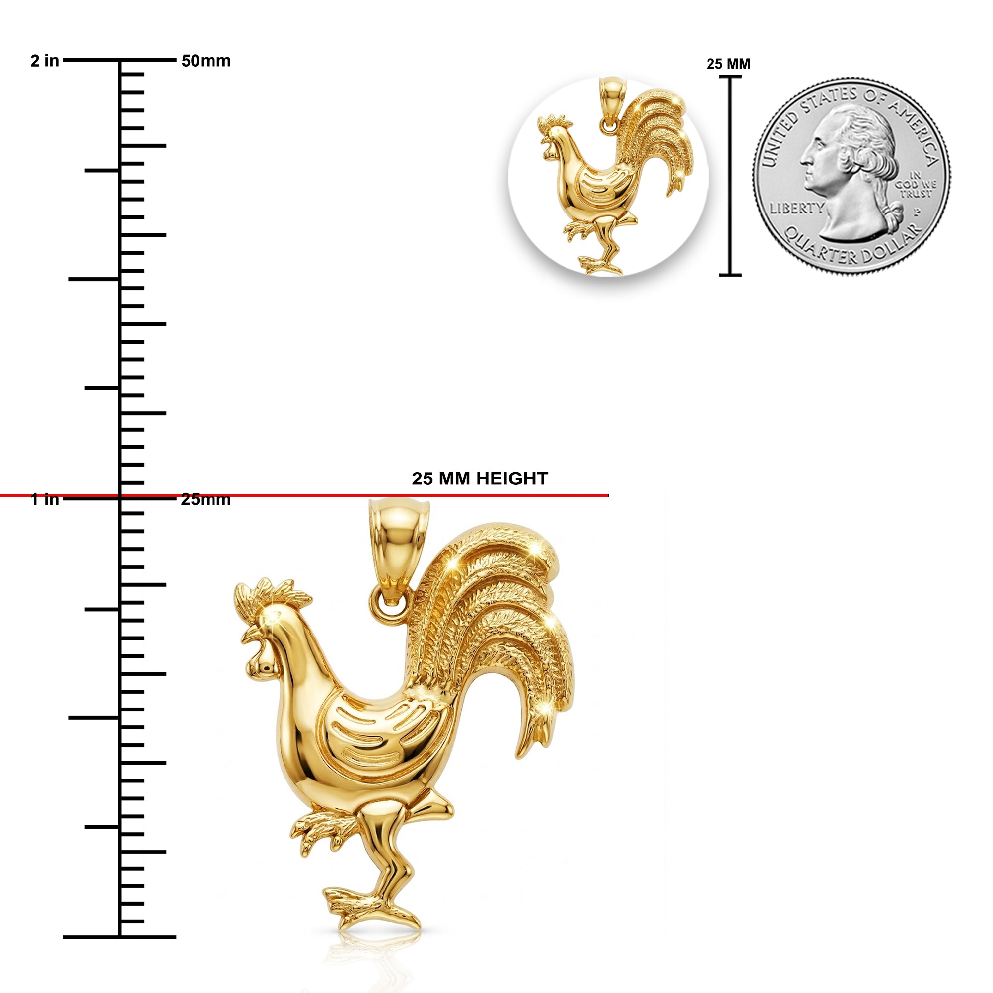 Gold rooster pendant with size measurement against a quarter coin