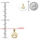 [group: small ]Gold paw print pendant with measurements against a white background