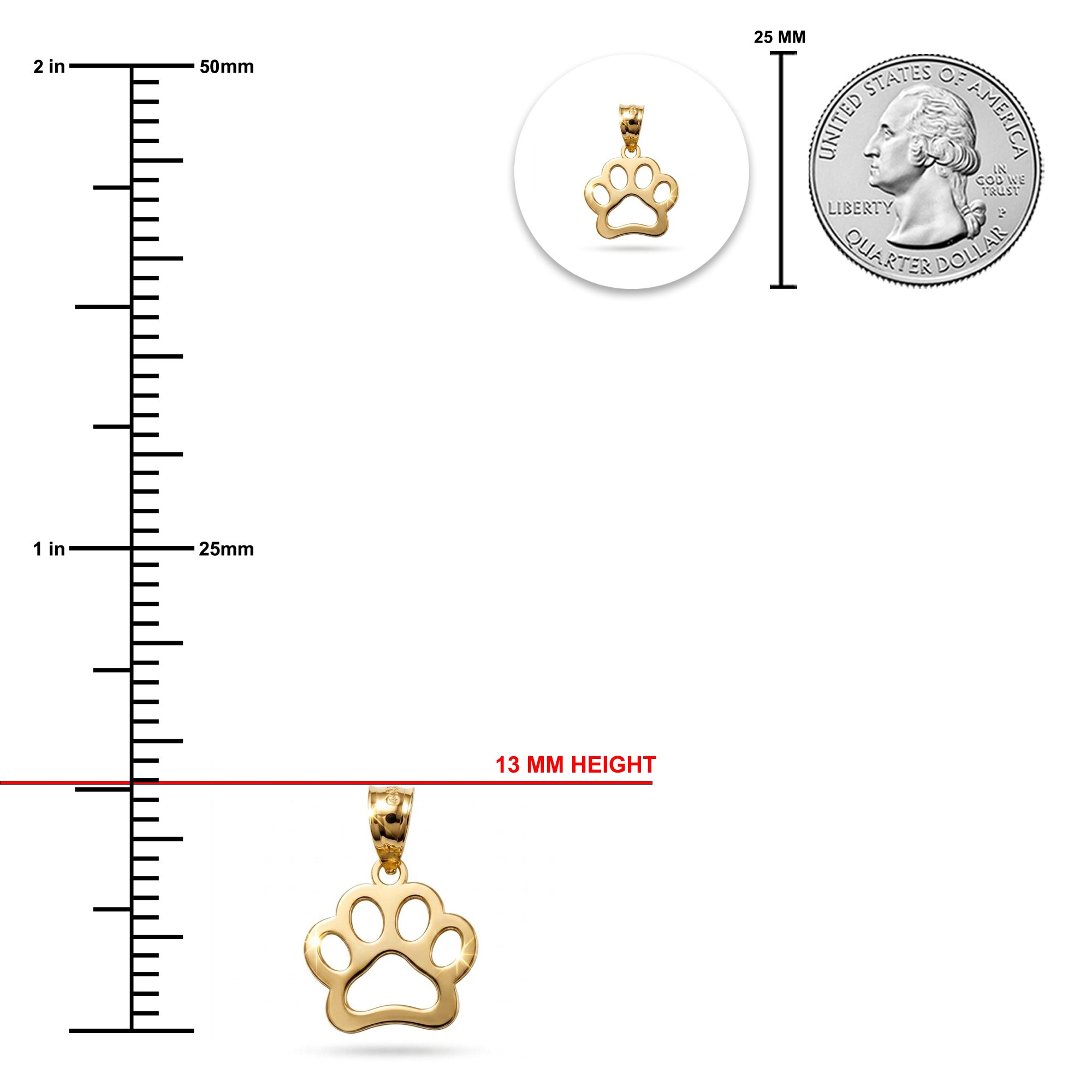 [group: small ]Gold paw print pendant with measurements against a white background