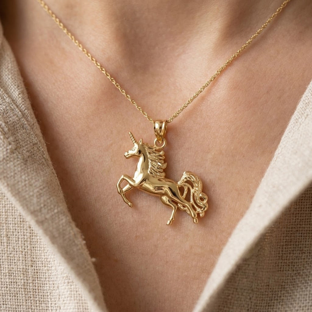 [group:large] gold unicorn pendant on rope chain 