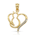 Gold pendant shaped like a cat within a heart on a white background