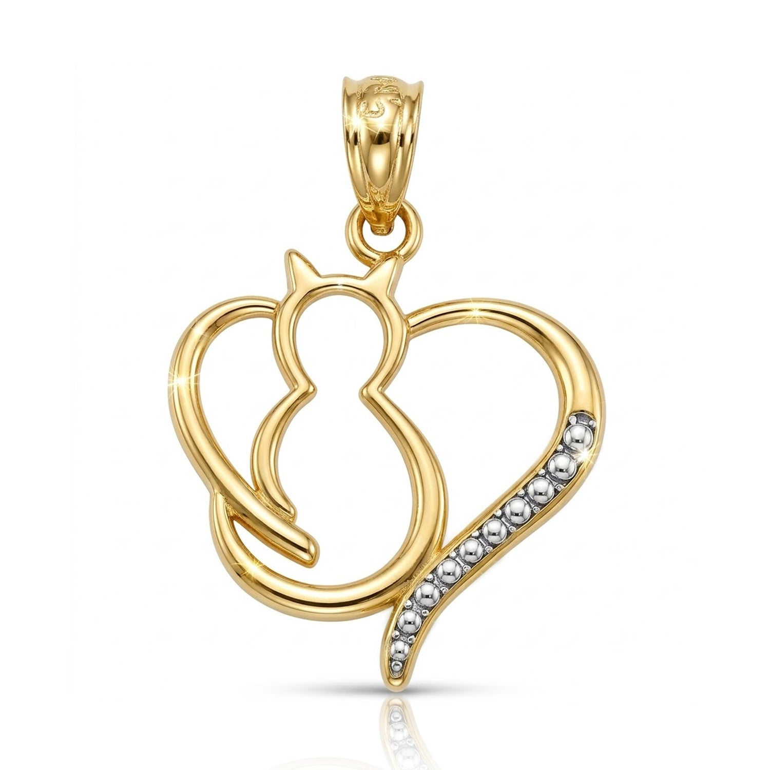 Gold pendant shaped like a cat within a heart on a white background