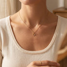 Person wearing a gold necklace with a heart pendant and ring on a neutral background