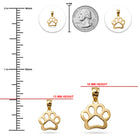 Gold paw-shaped pendant with measurements against a quarter for scale on a white background