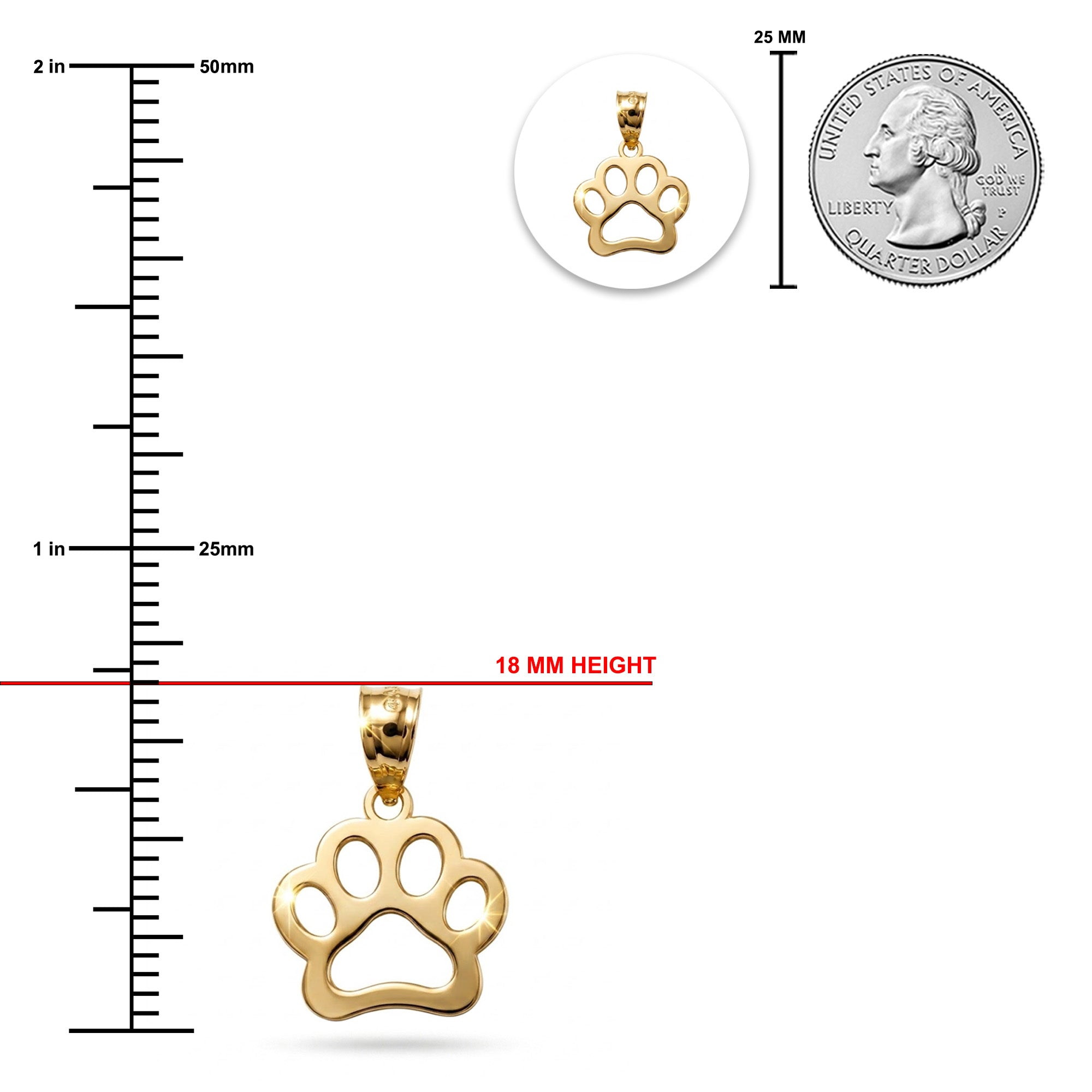 [group: large ]Gold paw print pendant with measurements against a white background