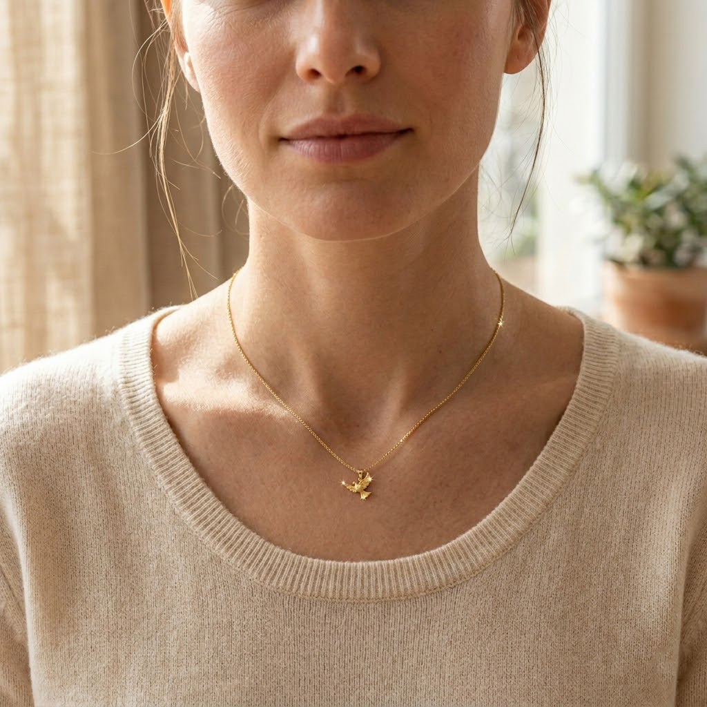 Woman wearing a gold necklace with a delicate dove pendant, set against a neutral background.
