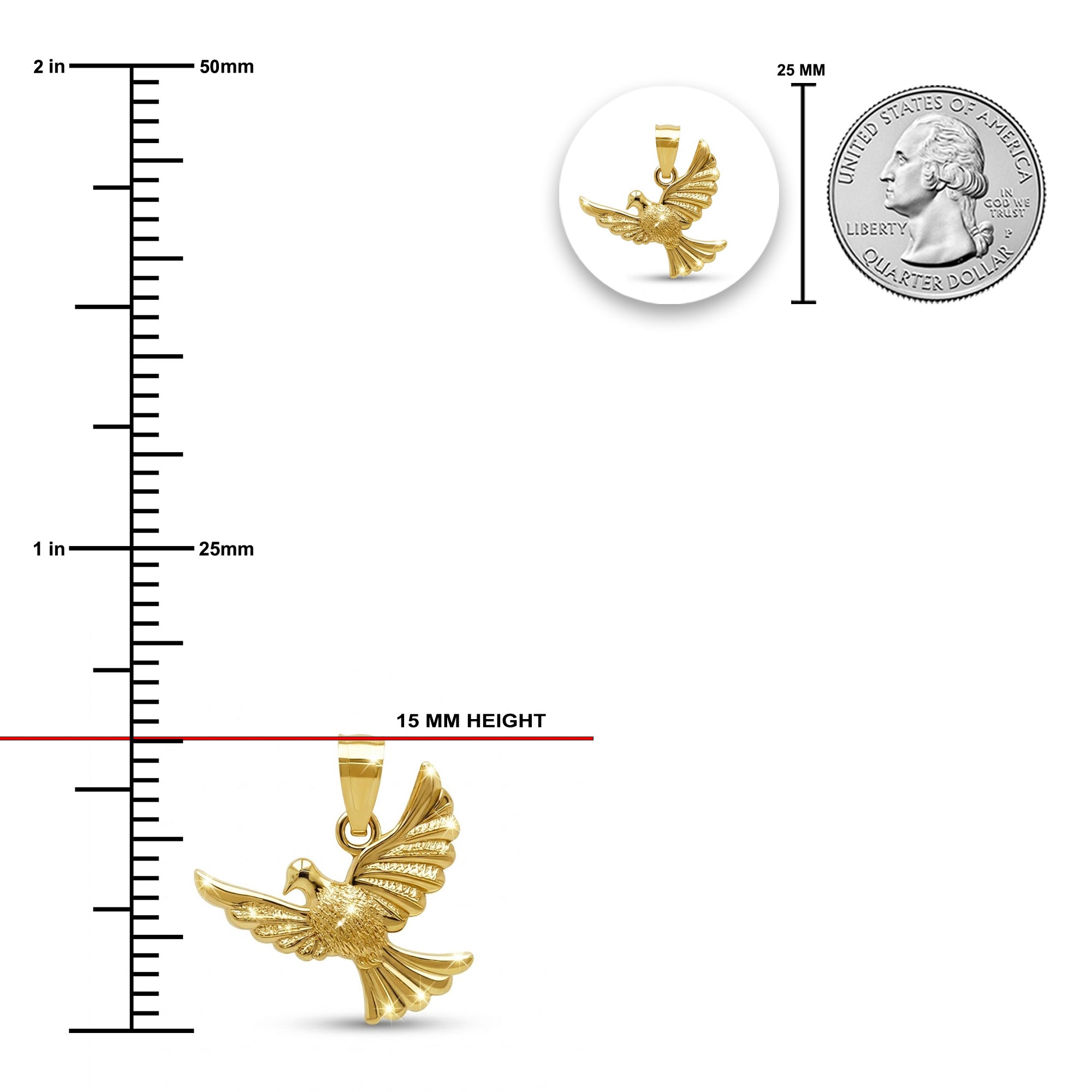 Gold bird pendant with size measurements on a white background