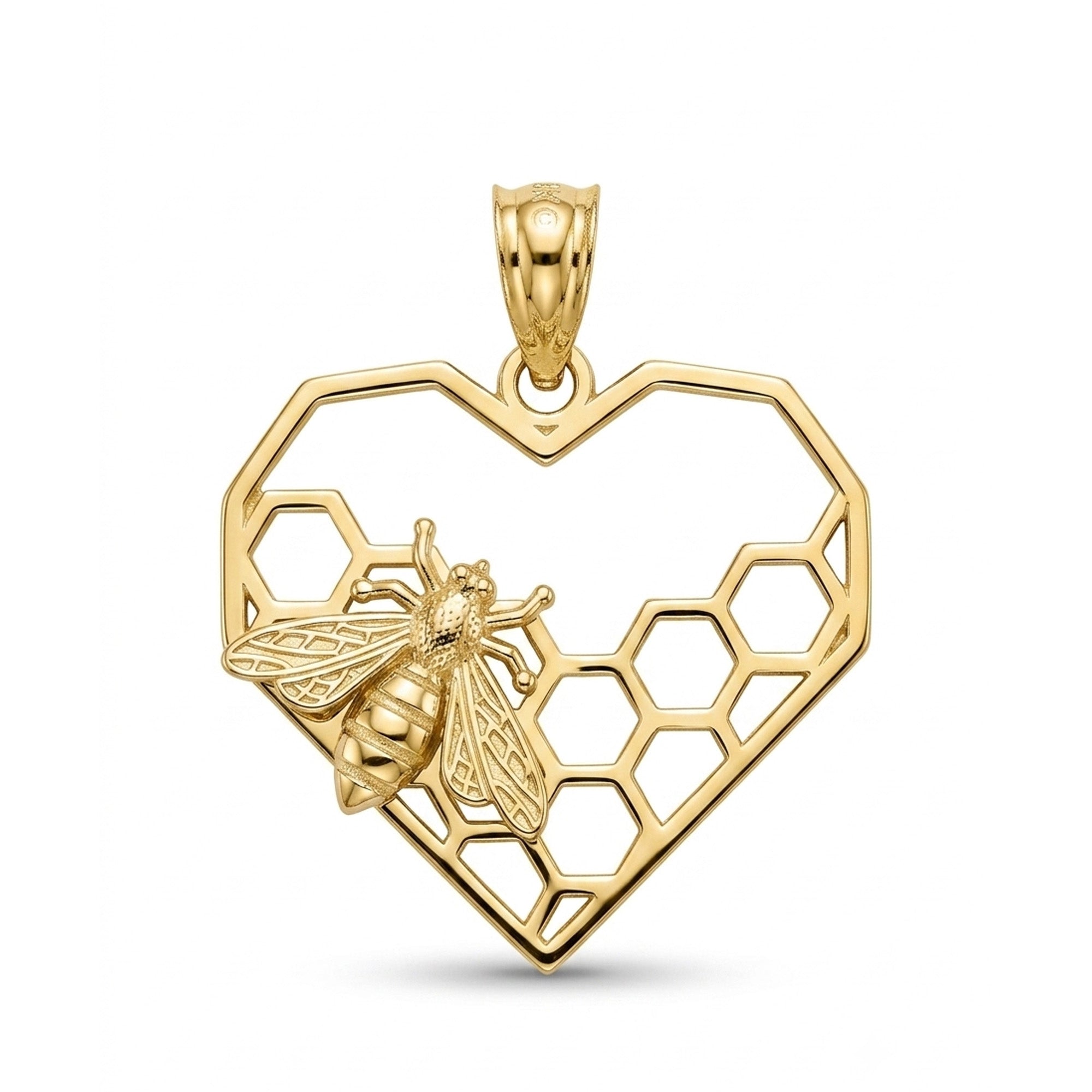 A yellow gold heart-shaped pendant featuring a cutout honeycomb pattern and a detailed bee charm, shown on a clean white background.
