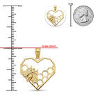 Gold heart-shaped pendant with a bee and honeycomb design, shown with measurement rulers, a 25 mm height reference, and a US quarter coin for scale on a white background.