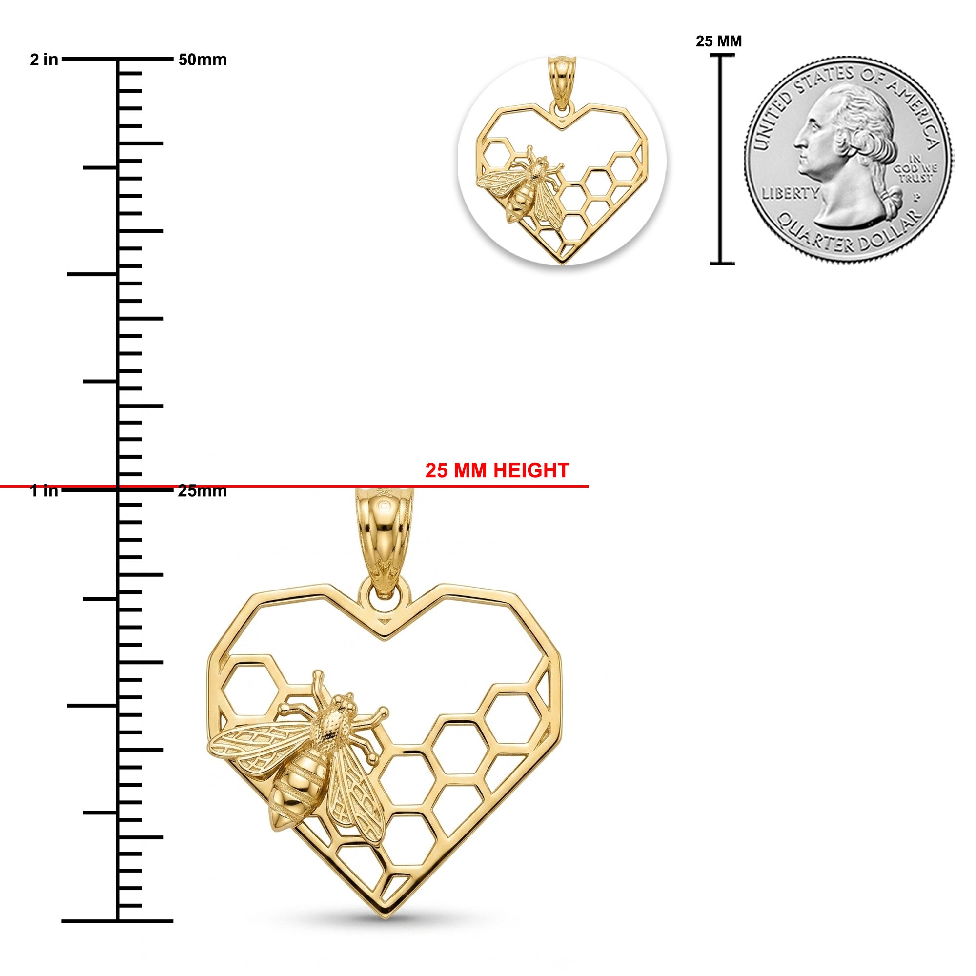 Gold heart-shaped pendant with a bee and honeycomb design, shown with measurement rulers, a 25 mm height reference, and a US quarter coin for scale on a white background.