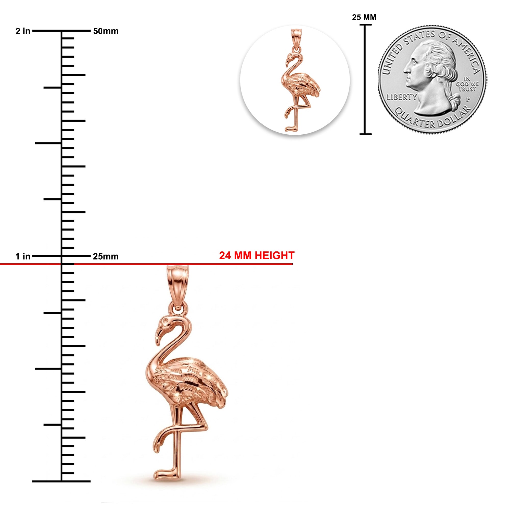 [group:rose-gold]Rose gold flamingo pendant with measurements against a white background