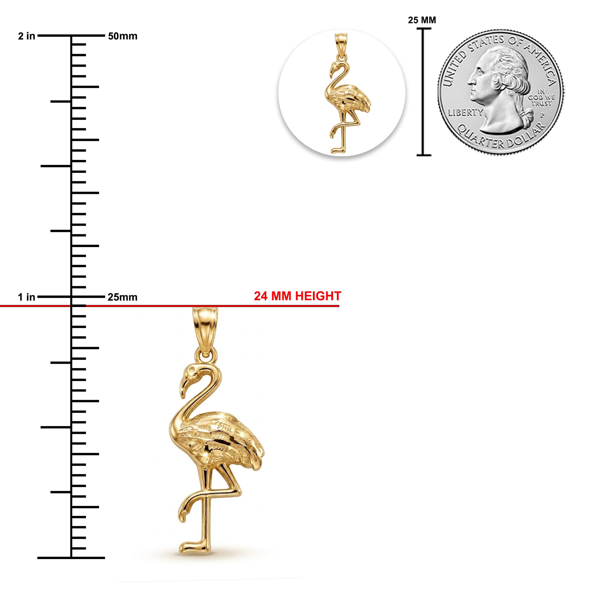 [group:10k-gold]Gold flamingo pendant with measurements against a white background