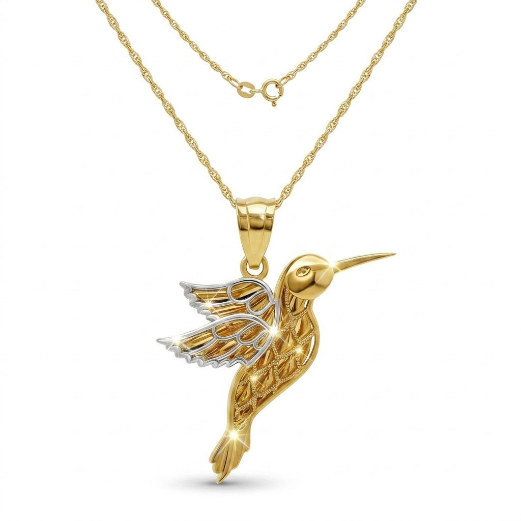 14 Karat Gold hummingbird pendant on a gold chain against a white background