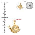 Gold snail pendant with measurements against a white background