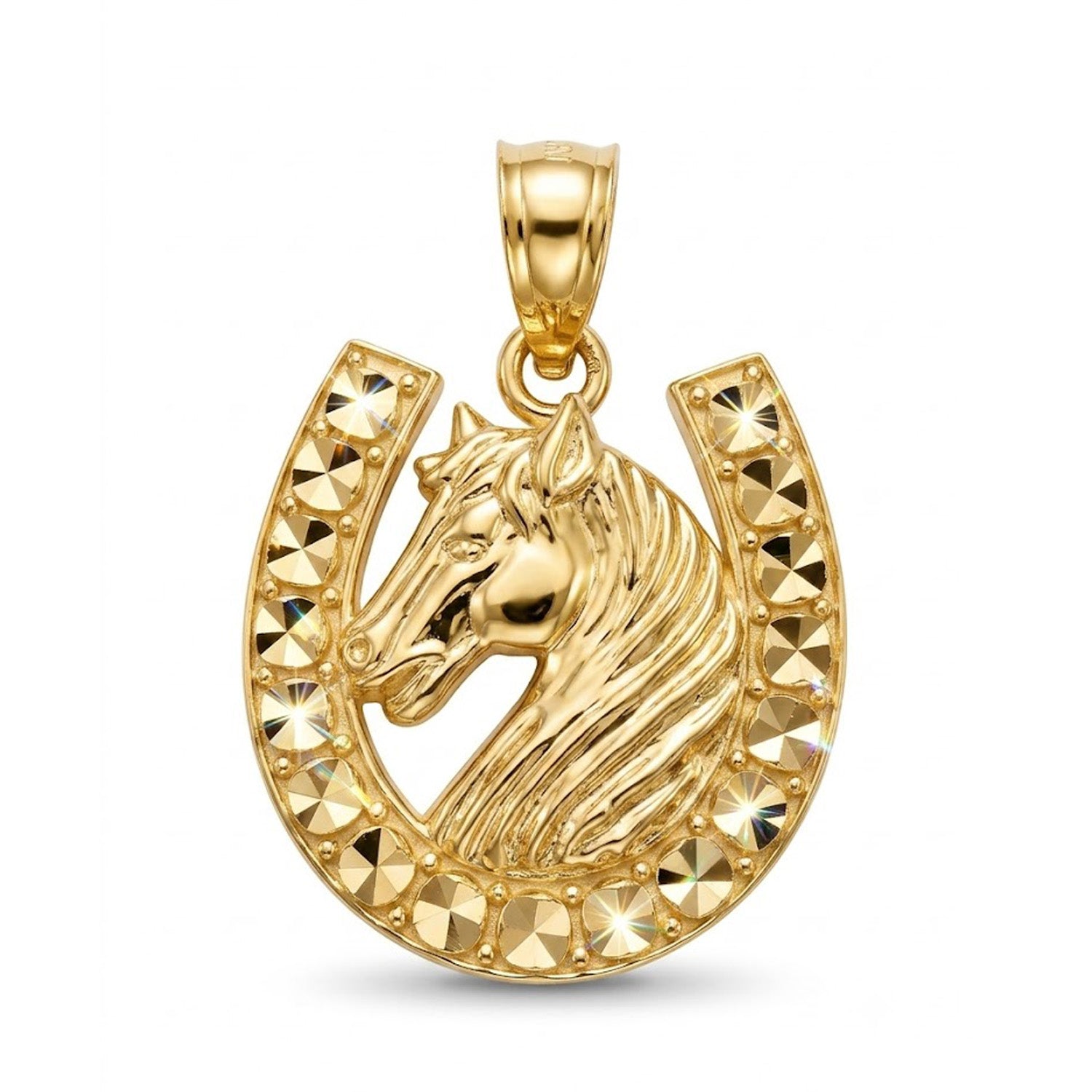 Gold pendant with horse design and horseshoe on a white background