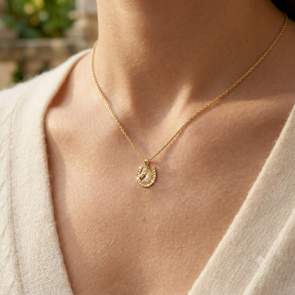 Gold necklace with a pendant on a person wearing a light-colored top.