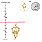 Gold frog pendant with heart design on a white background with measurements and a quarter for scale.