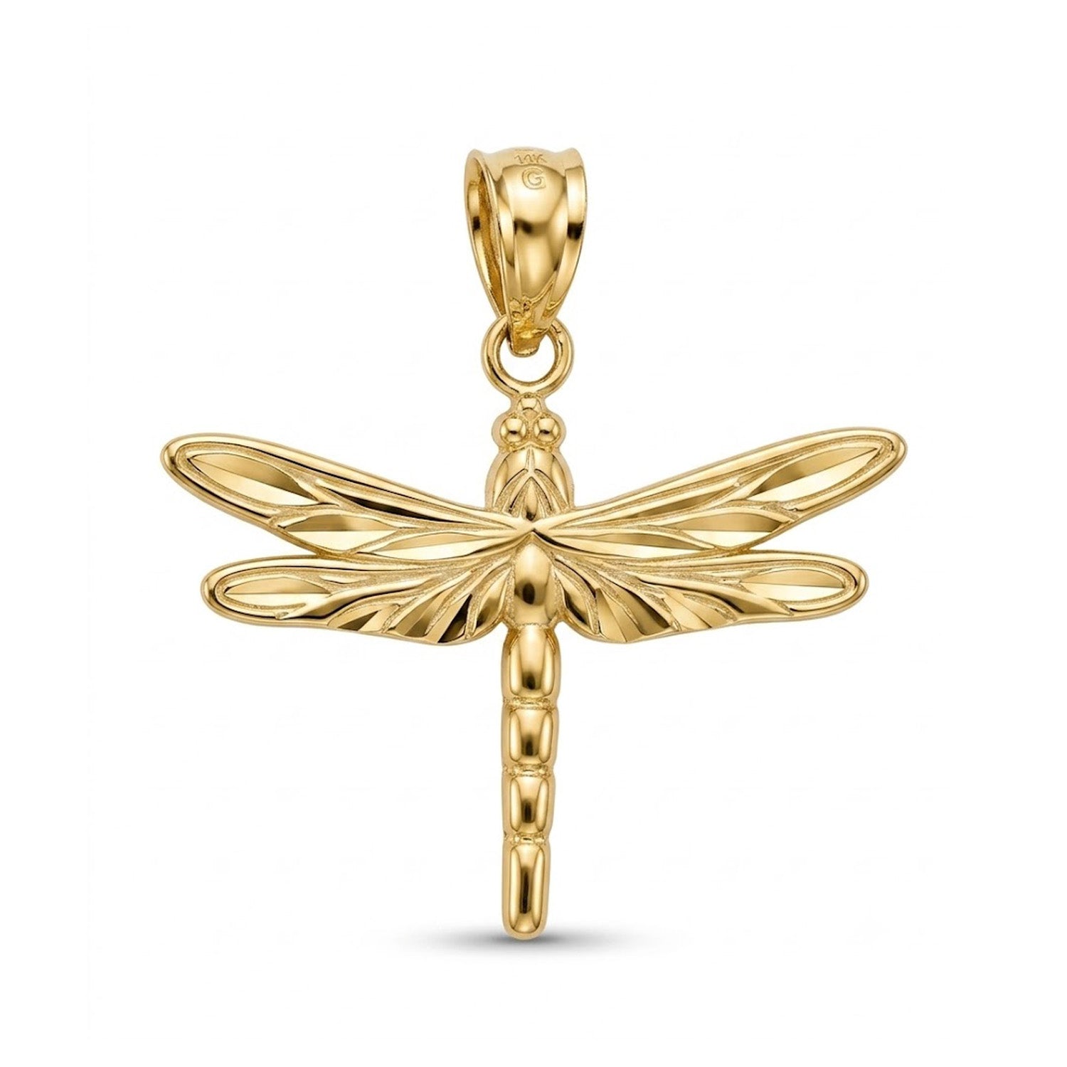 Gold dragonfly pendant on a white background