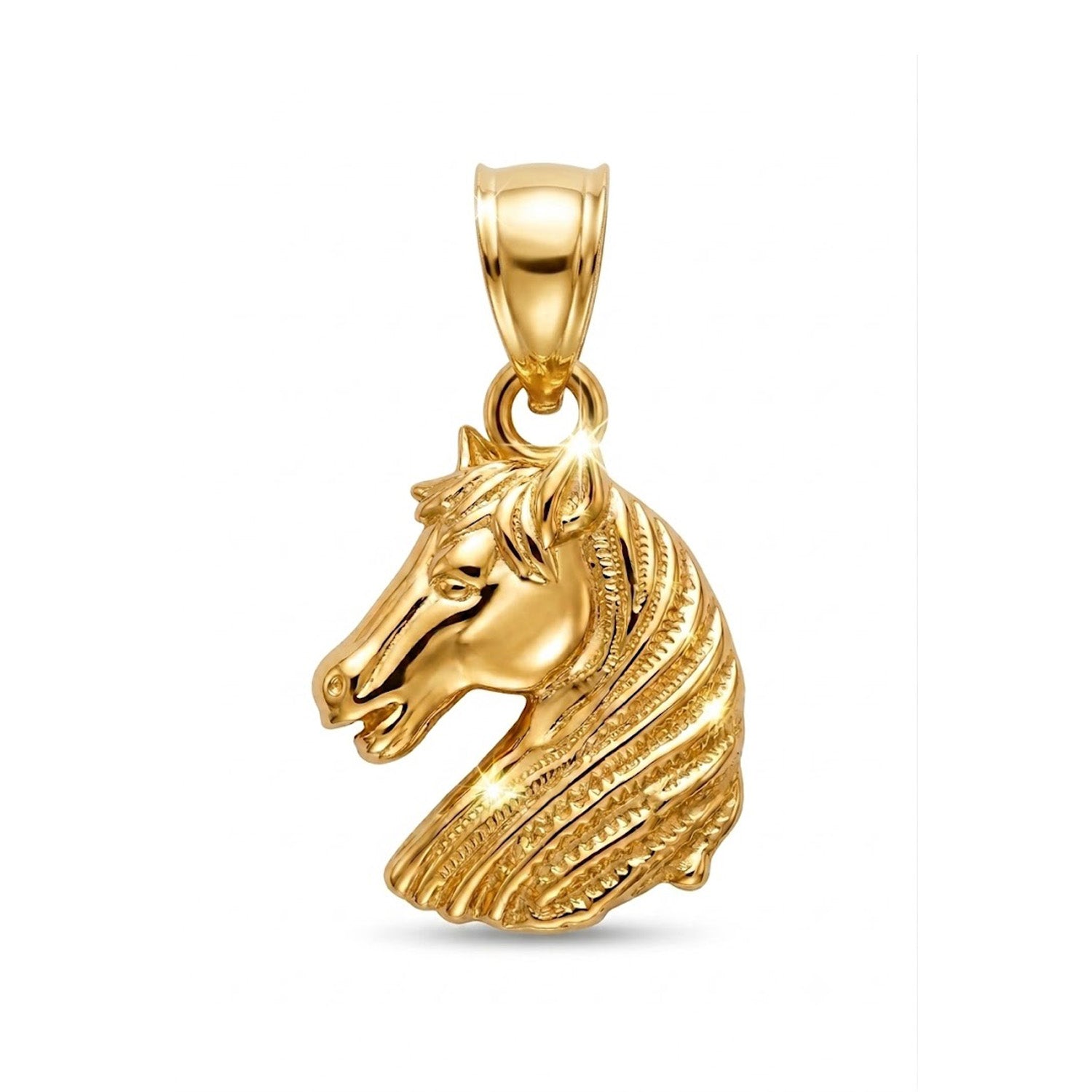 Gold horse head pendant on a white background