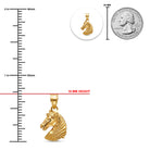 Gold horse head pendant with measurements against a white background