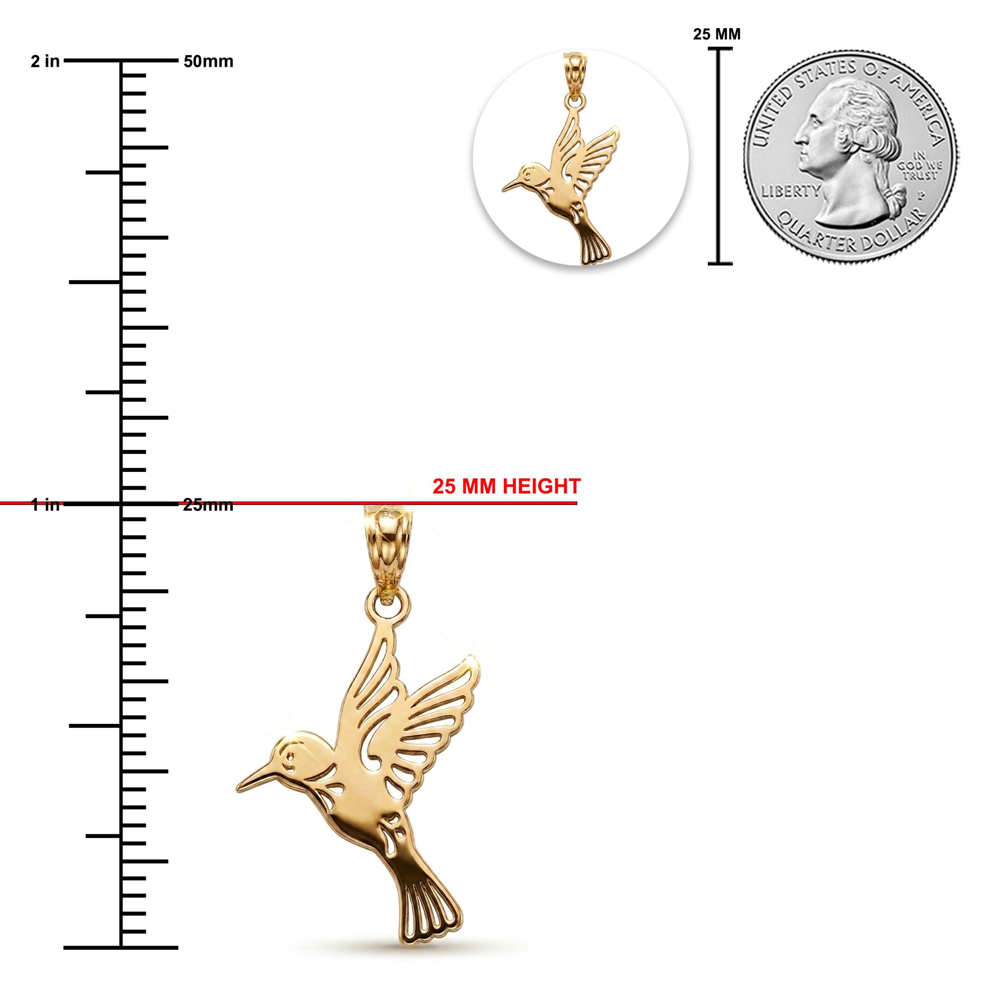 gold humminbird pendant measurements 