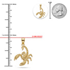 Gold scorpion pendant with measurements against a white background