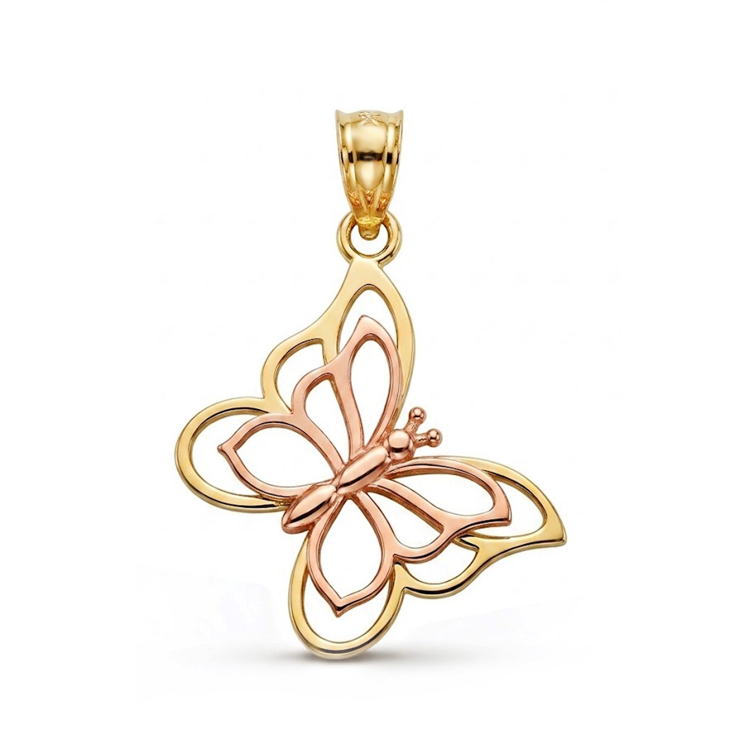 Gold and rose gold butterfly pendant on a white background
