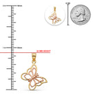 Gold butterfly pendant with measurements against a white background
