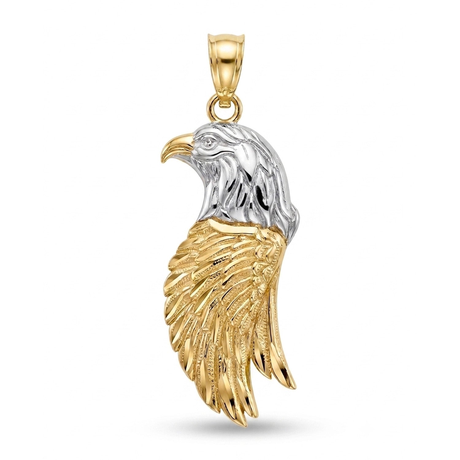 Beautifully handcrafted Gold Eagle Charm with 10 Karat gold. This makes a fantastic gift choice for any of your loved ones and friends. The eagle is made out of rhodium while the rest is yellow gold.