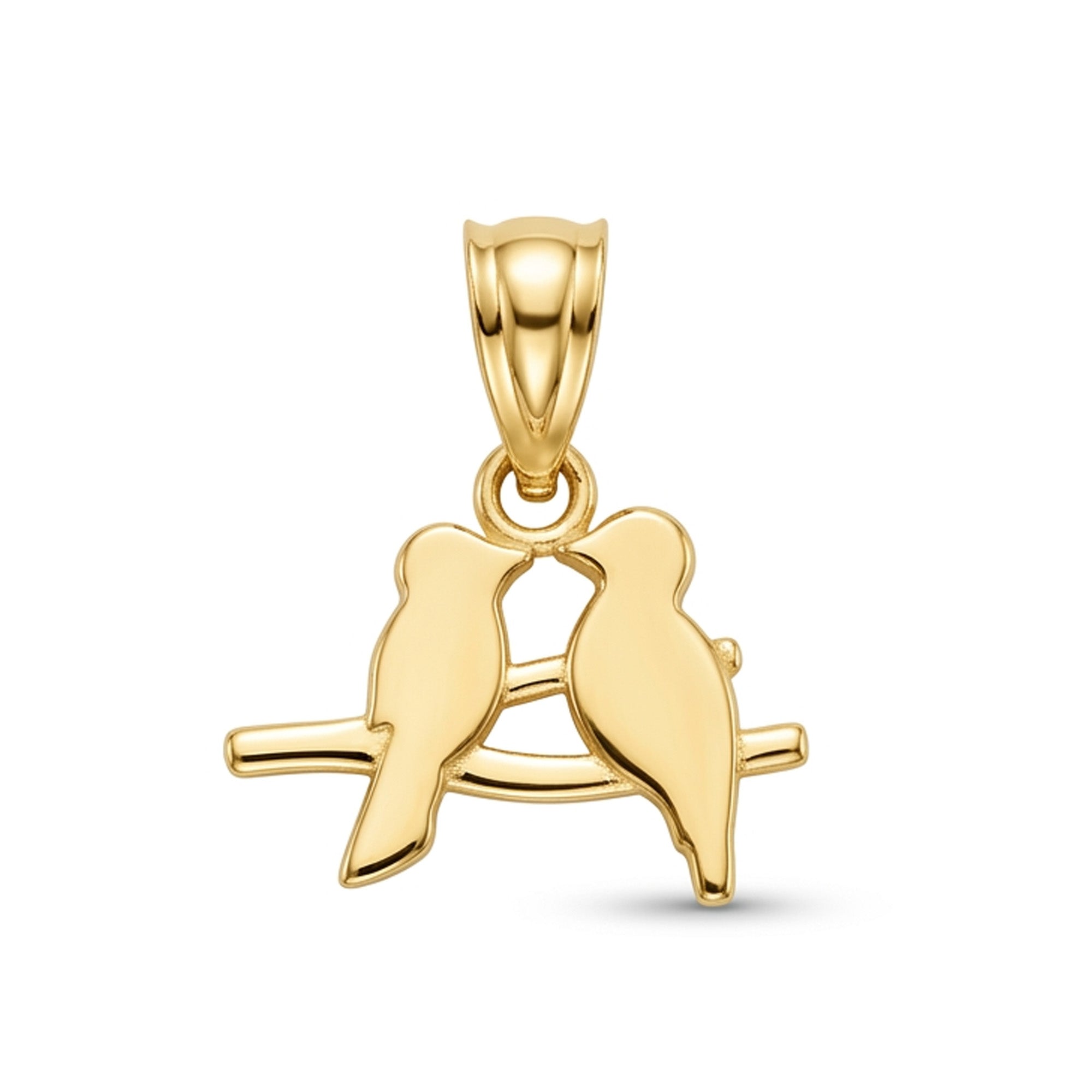 A polished yellow gold pendant featuring two birds perched on a branch, shown against a plain white background.