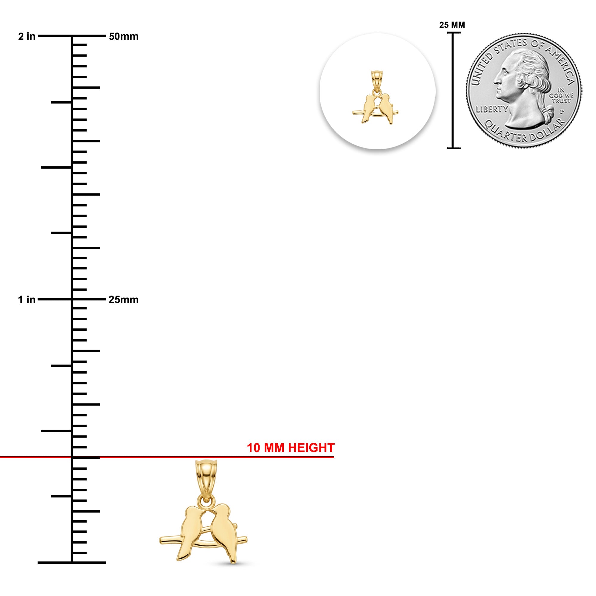 Gold heart-shaped pendant shown with measurement markings, a 10 mm height red line, a small inset of the pendant on a white circle, and a 25 mm coin for scale on a white background.