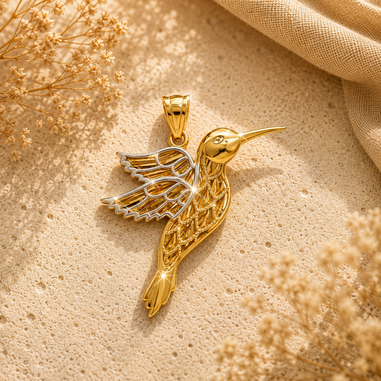 Gold hummingbird pendant on a beige fabric background with dried flowers.