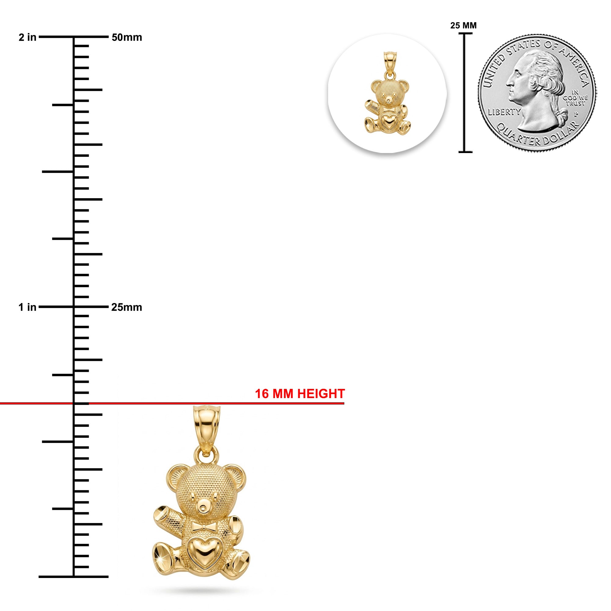 Gold teddy bear pendant shown with a measurement ruler, a 25 mm coin size reference, and a red line indicating 16 mm height on a white background.
