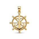 Gold pendant with ship's wheel and anchor design on a white background