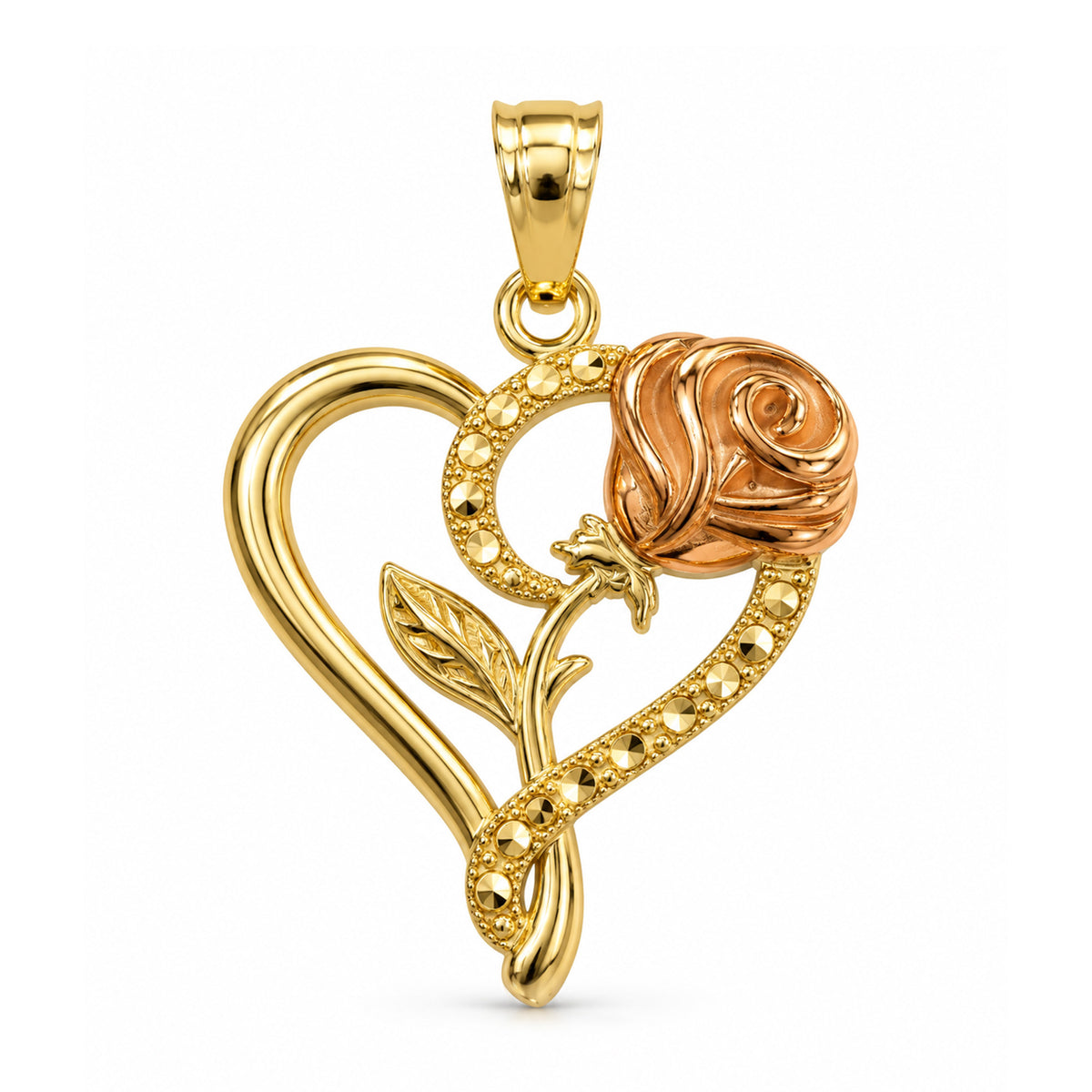 Gold long stem rose heart pendant