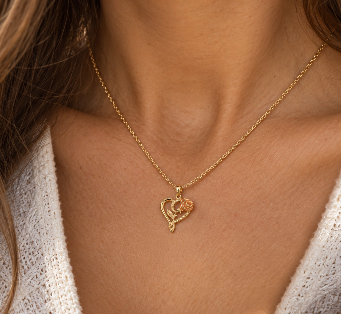 Gold long stem rose heart pendant