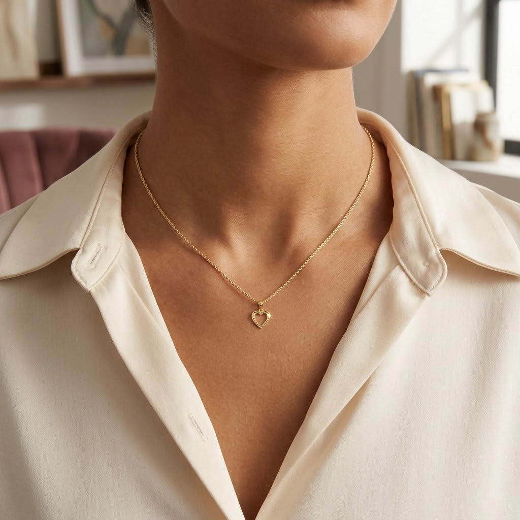 Female model wearing a gold necklace with a heart pendant in a neutral setting