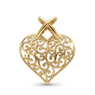 A gold heart-shaped filigree pendant with an intricate openwork scroll pattern and a polished crisscross bail at the top, shown on a clean white background.