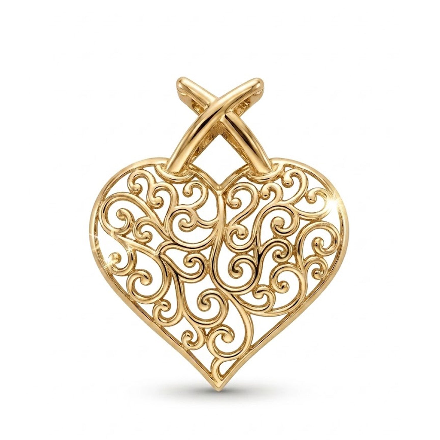 A gold heart-shaped filigree pendant with an intricate openwork scroll pattern and a polished crisscross bail at the top, shown on a clean white background.